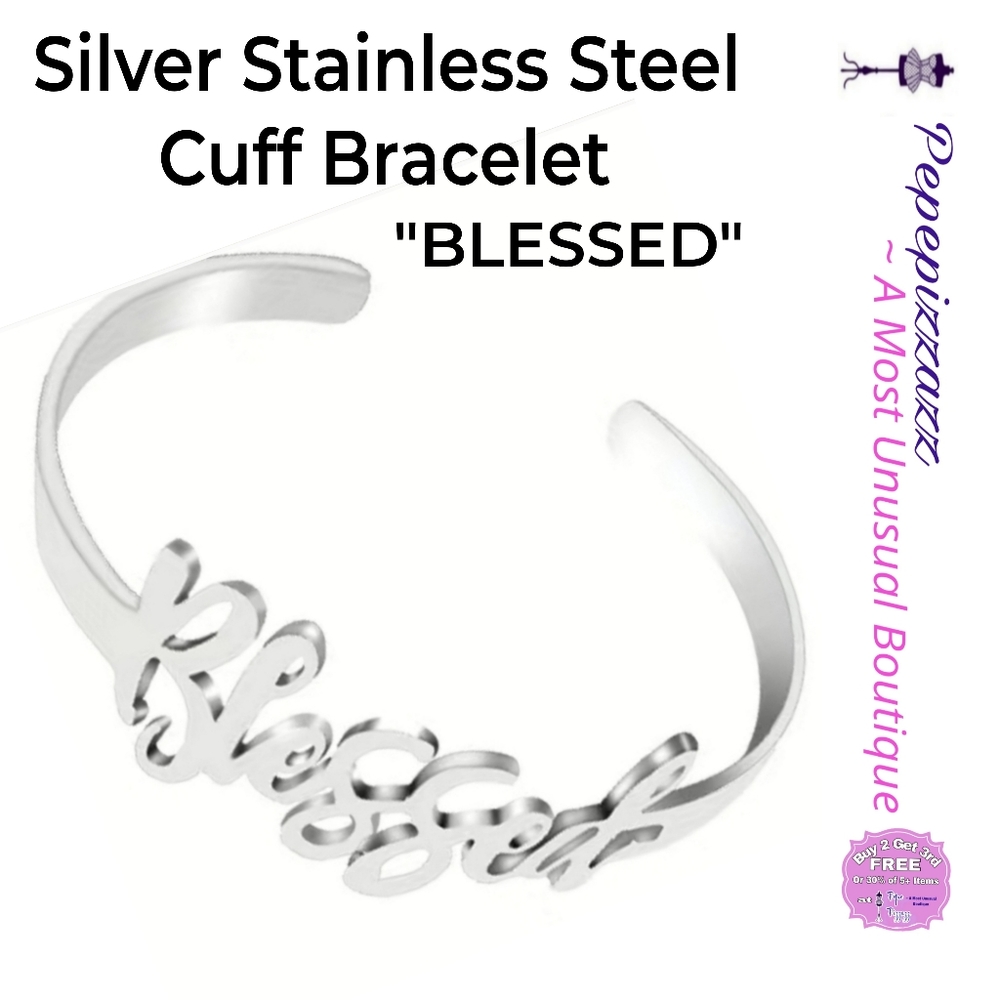 CUTOUT Blessed Custom made BOLD cuff bracelet Stainless steel silver tone